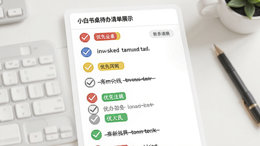 小白书桌待办清单功能展示图,画面中是一个竖版任务列表,每项任务前有彩色圆形勾选框,已完成任务显示删除线,任务按优先级用红黄绿标签区分,界面背景为白色卡片风格,画质清晰,布局整齐
