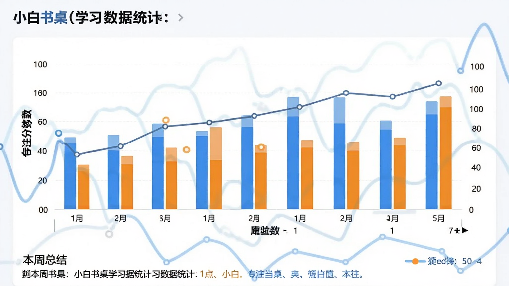 小白书桌学习数据统计页面截图,画面中展示柱状图与折线图组合,横轴为一周日期,纵轴为专注分钟数,图表颜色为蓝橙搭配,页面底部有本周总结文字,整体风格专业简洁,画质清晰