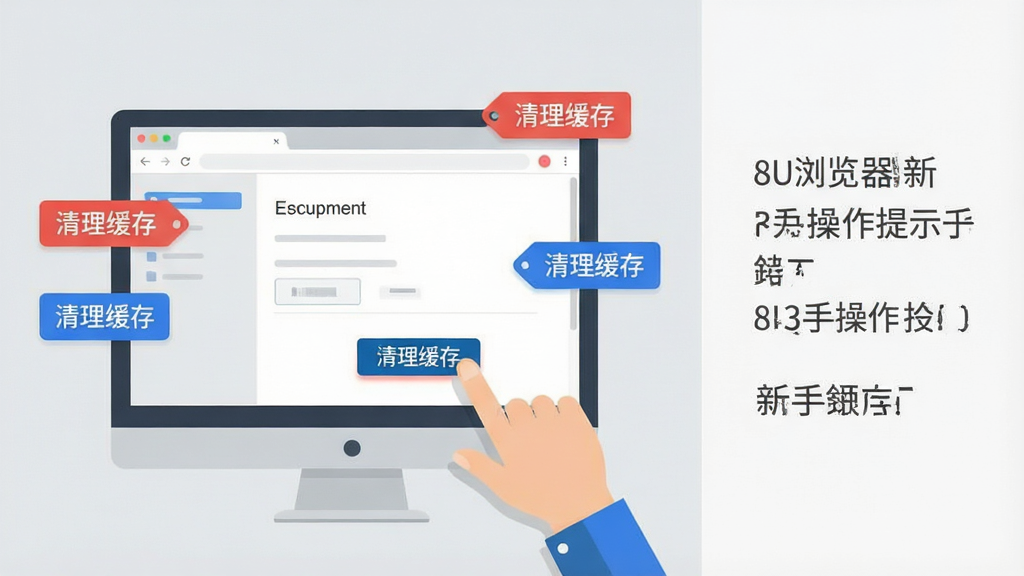一幅展示8U浏览器新手操作提示的示意图,画面主体是电脑屏幕显示浏览器设置界面,旁边有手指指向“清理缓存”按钮,周围漂浮着红色和蓝色的小标签代表提示信息,背景为浅灰色,布局采用左右分栏,风格为扁平化教程插图,细节包括按钮的高亮和标签的清晰文字,画质清晰干净无多余元素