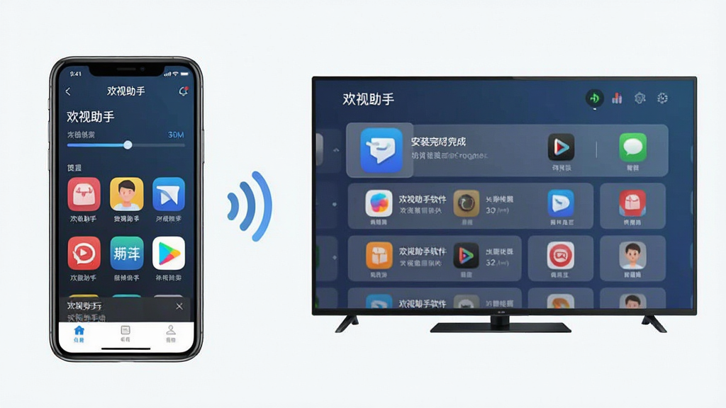 一张展示欢视助手软件界面的图片,主体为欢视助手在手机端与电视端协同工作的场景,布局左侧为手机屏幕显示欢视助手应用界面,右侧为电视屏幕显示安装完成的应用列表,排版采用左右对比结构,风格为现代科技感扁平化设计,细节包括手机与电视之间的无线连接图标、传输进度条、应用图标网格,画质清晰,干净,无多余元素。