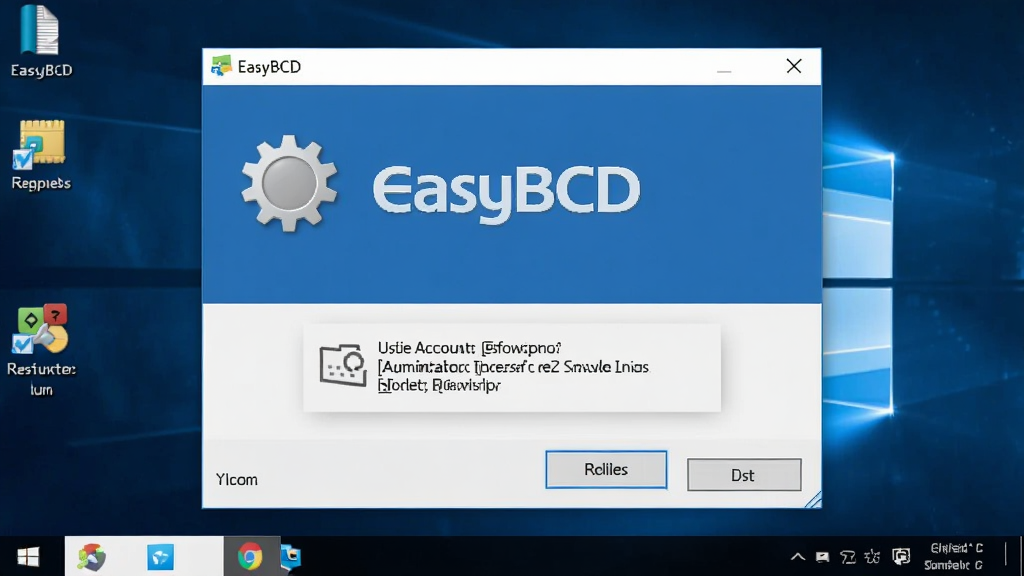 一张展示EasyBCD软件在Windows系统中以管理员身份运行的提示窗口截图,画面中有用户账户控制弹窗,背景为Windows桌面,画质高清,干净无多余元素