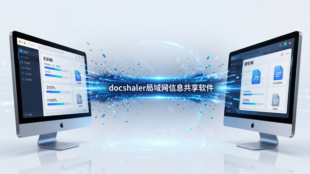 画面主体为两个电脑屏幕之间一条发光的蓝色数据流,数据流中带有“docsharer局域网信息共享软件”字样,布局为左右对称,左侧电脑显示发送端界面,右侧电脑显示接收端界面,排版突出速度感与科技感,风格为未来数字风,细节包括数据粒子、进度百分比、文件图标,画质清晰,画面干净,无多余元素
