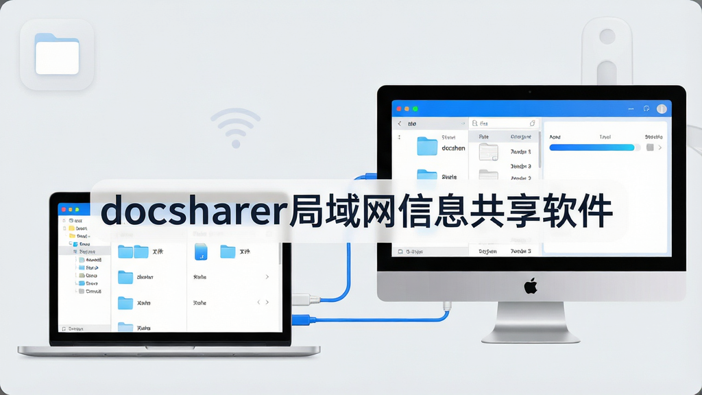 一台笔记本电脑与两台台式电脑通过无线网络连接,屏幕中显示文件共享界面,画面中央放置软件名称“docsharer局域网信息共享软件”,布局为横向三栏式,左侧展示文件夹树,中间为文件列表,右侧为传输进度条,排版清晰整齐,风格为现代简约科技风,细节包括蓝色与白色的配色、圆角图标、浅灰色背景,画质高清,画面干净,无多余元素