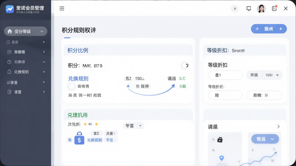 积分等级设置界面展示图,画面展示里诺会员管理软件的积分规则配置页面,包含积分比例、兑换规则、等级折扣等设置项,界面风格为柔和圆角商务风,画质清晰,干净,无多余元素