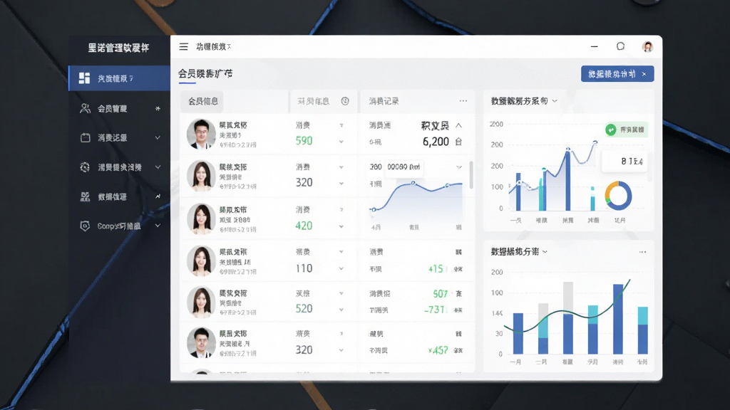 软件全貌展示图,画面中央是里诺会员管理软件的主界面窗口,左侧为功能导航栏,右侧显示会员信息列表与数据统计图表,整体布局清晰整洁,风格为现代商务软件界面,细节包括会员头像、消费记录、积分数字等元素,画质清晰,干净,无多余元素