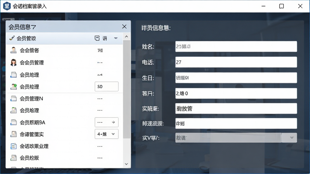会员档案管理界面展示图,画面主体是里诺会员管理软件的会员信息录入窗口,左侧显示会员列表,右侧为详细信息填写区域,包含姓名、电话、生日等字段,界面风格简洁商务,画质清晰,干净,无多余元素