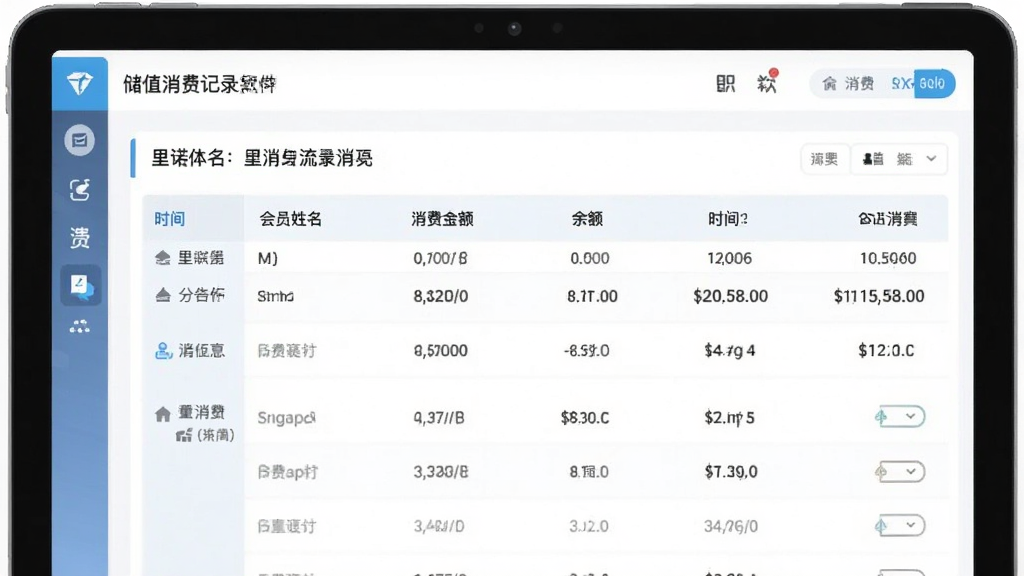 储值消费记录界面展示图,画面展示里诺会员管理软件的消费流水页面,表格中列出会员姓名、消费金额、余额、时间等信息,界面风格为清爽浅色商务风,画质清晰,干净,无多余元素