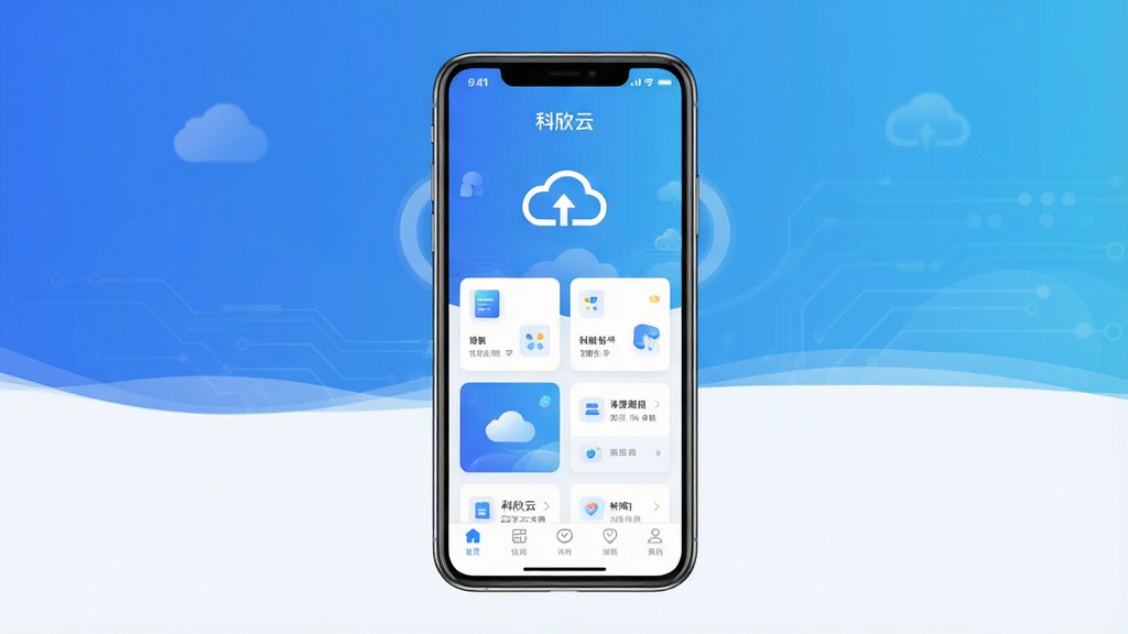 一张展示科欣云软件主界面的全景图,主体是手机屏幕中显示科欣云APP的首页,布局采用居中构图,排版清晰,风格为现代科技简约风,细节包括蓝色渐变背景、云朵图标、设计元素卡片、底部导航栏,画质高清干净,无多余元素,屏幕中文字显示“科欣云”