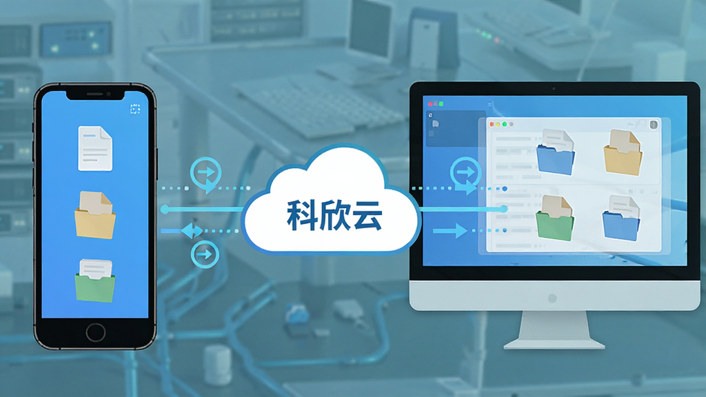 一张展示科欣云云端同步功能的示意图,主体是手机与电脑屏幕通过云朵图标连接,布局左右对称,排版简洁,风格为扁平化科技风,细节包括数据流线条、同步箭头、文件图标,画质高清干净,无多余元素,图中文字标注“科欣云”