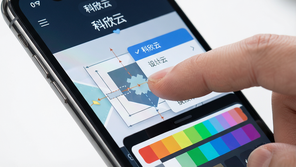 一张展示科欣云在手机上操作界面的特写图,主体是手指点击屏幕中的设计图层,布局为近景特写,排版聚焦屏幕中央,风格为写实科技风,细节包括手机边框、手指触控、图层菜单弹出、色彩面板,画质高清干净,无多余元素,屏幕中文字显示“科欣云”