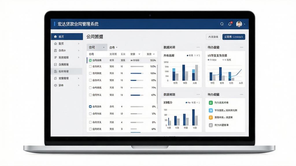 宏达贷款合同管理系统软件界面预览图,主体为一台打开的笔记本电脑屏幕,屏幕上显示着清晰的贷款合同管理仪表盘,包含合同列表、数据统计图表和待办提醒事项。布局采用左右分栏结构,左侧为功能导航菜单,右侧为合同数据看板。整体排版简洁规整,风格偏向现代商务办公,细节上体现金融行业的严谨感,色调以深蓝、白色和浅灰为主。画面干净无杂物,画质清晰锐利,高分辨率,适合软件下载站展示。