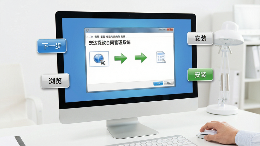 宏达贷款合同管理系统新手安装与设置界面示意图,画面主体为一台台式电脑显示器,屏幕上显示着软件安装向导的步骤界面,旁边漂浮着“下一步”、“浏览”、“安装”等按钮图标。布局为居中展示,风格为简洁的软件安装界面风格。细节上,显示器旁边有一只手正握着鼠标,背景为干净的浅色办公桌面,画质清晰,无多余元素,突出安装过程的简单易懂。