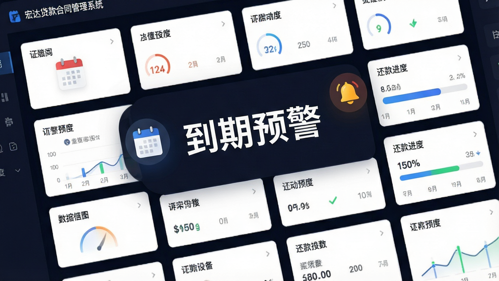 宏达贷款合同管理系统到期预警与履约跟踪功能界面图,画面主体为一个数据仪表盘,仪表盘中央显示着“到期预警”四个大字,周围环绕着日历图标、铃铛通知图标以及还款进度条。布局采用卡片式网格排版,风格为现代数据可视化。细节上,仪表盘背景为深色,数据卡片为白色,形成鲜明对比,画面干净,画质高清,突出预警的及时性与数据的直观性。