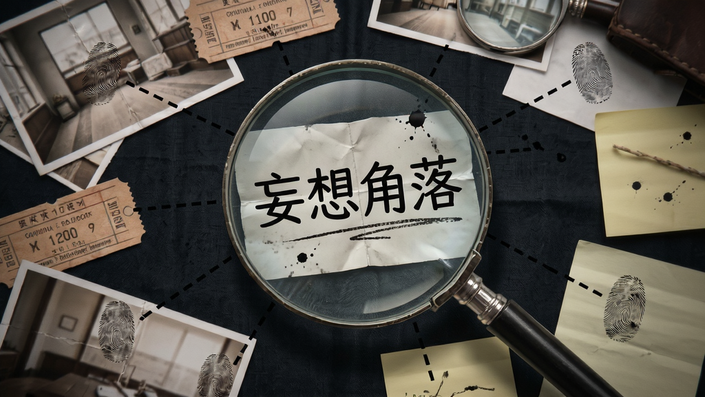 画面为一个放大镜聚焦在散落的照片、车票、便签等物品上,物品排列在深色桌布上,放大镜中显示“妄想角落”的线索文字,周围有虚线连接不同物品形成关系网,布局采用中心放射构图,风格为侦探推理桌面风,细节包含纸张折痕、墨迹、指纹纹理,画质高清,干净,无多余元素