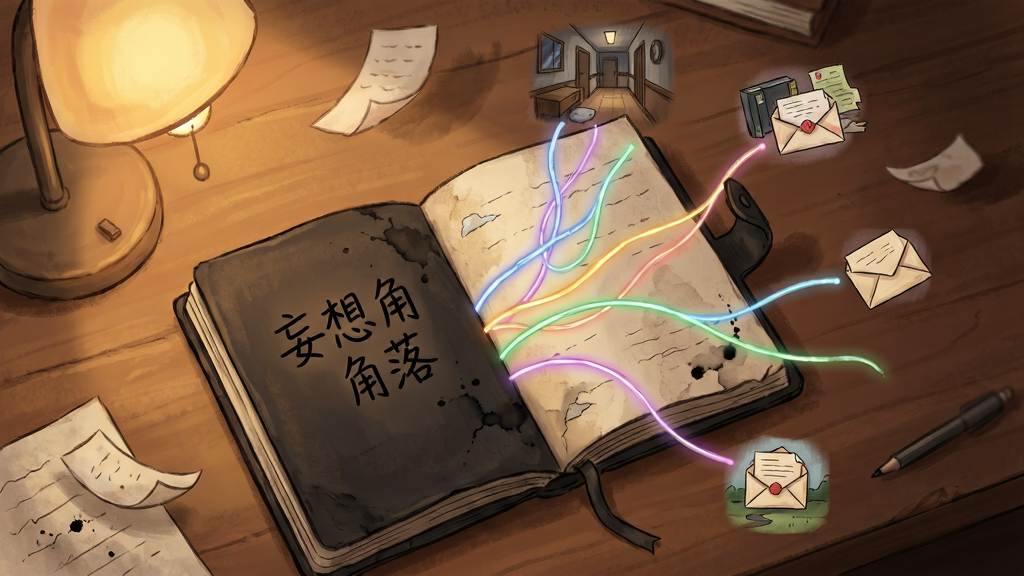 画面主体为一本翻开的暗色日记本,书页上延伸出多条发光的彩色线条,线条末端连接不同的场景小图,包括房间、走廊、信件等元素,日记本放置在木质桌面上,周围有台灯暖光与飘落的纸片,“妄想角落”四个字以手写体出现在日记本封面,布局采用俯视视角,风格为温馨悬疑手绘风,细节包含纸张纹理、光影渐变、墨迹晕染,画质高清,干净,无多余元素
