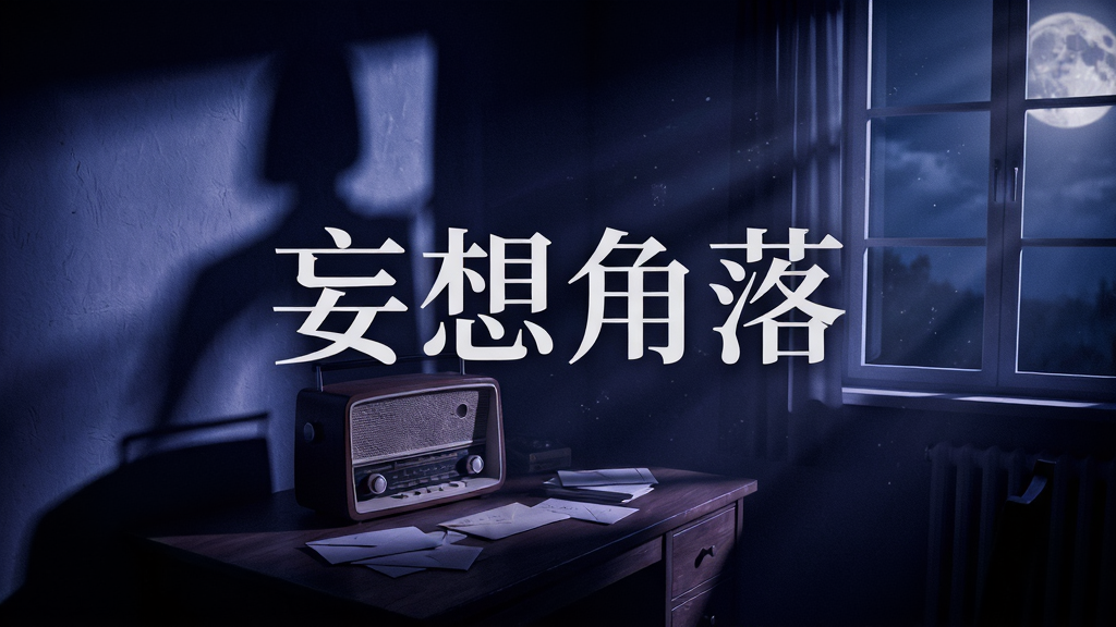 画面展示一个昏暗的房间角落,墙上投射着巨大的影子,桌上放着一台老式收音机与散落的信件,窗外有微弱月光透入,整体色调为深蓝与暗紫,画面中央浮现“妄想角落”字样,布局采用广角构图,风格为心理悬疑电影海报风,细节包含尘埃颗粒、光线折射、阴影层次,画质高清,干净,无多余元素