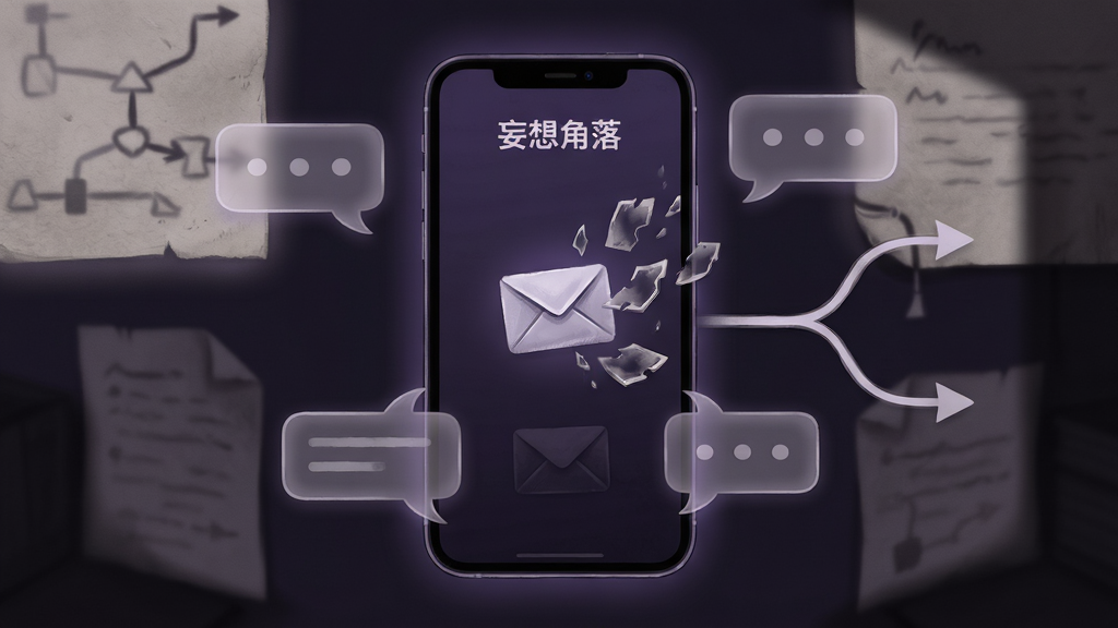 画面中央一部智能手机竖屏展示,屏幕上呈现“妄想角落”软件主界面,暗紫色调背景,界面中有信封图标与飘散的记忆碎片元素,手机周围环绕半透明的对话气泡与分支路线图,整体布局居中对称,风格为暗黑悬疑插画风,细节包含柔和光晕、纸张纹理、模糊的角落阴影,画质高清,干净,无多余元素