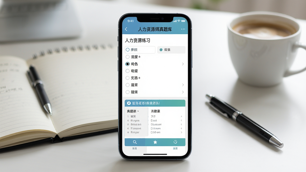 一张展示手机屏幕中运行人力资源师真题库应用的场景图,主体是一部竖屏智能手机,屏幕内呈现题库练习界面,包含选择题选项和答题卡区域;布局为手机居中放置,背景是整洁的书桌桌面,桌面上有笔记本、签字笔和一杯咖啡;排版简洁,手机屏幕内容清晰可见;风格为写实数码产品展示风,光线柔和自然;细节上手机边框圆润,屏幕反光自然,界面文字清晰可辨,背景略微虚化突出主体;画质为高清1080p,画面干净,无多余元素