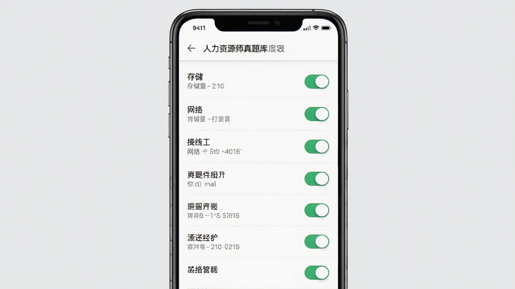 人力资源师真题库安卓手机安装权限设置界面,主体为手机屏幕显示应用权限管理页面,包含存储、网络等权限开关;布局为手机竖屏正面展示,背景为浅灰色;排版清晰,权限项列表排列整齐;风格为系统设置界面写实风格;细节上开关按钮状态明确,文字清晰;画质高清,画面干净,无多余元素