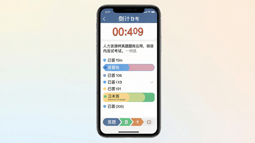 人力资源师真题库应用内的模拟考试界面,主体为手机屏幕中的考试答题页面,顶部显示倒计时,中部为题目与选项,底部为答题卡导航;布局为手机正面展示,背景为浅色渐变;排版整齐,信息层级分明;风格为扁平化UI设计展示;细节上答题卡用不同颜色区分已答和未答题目,倒计时数字醒目;画质高清,画面干净,无多余元素