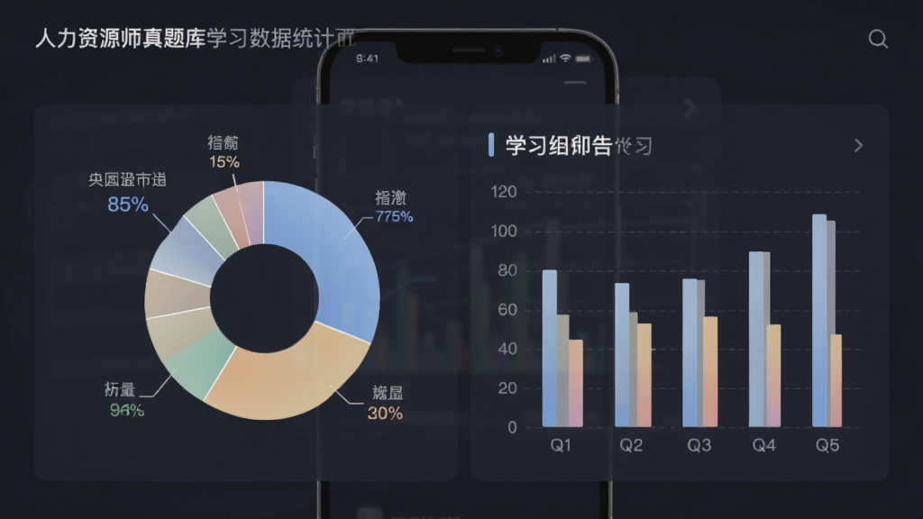 人力资源师真题库学习数据统计页面,主体为手机屏幕中显示饼状图和柱状图的学习报告界面;布局为手机竖屏展示,图表居中排列;排版清晰,数据标签明确;风格为现代简约数据可视化风格;细节上图表颜色柔和,数字清晰,背景干净;画质高清,画面干净,无多余元素