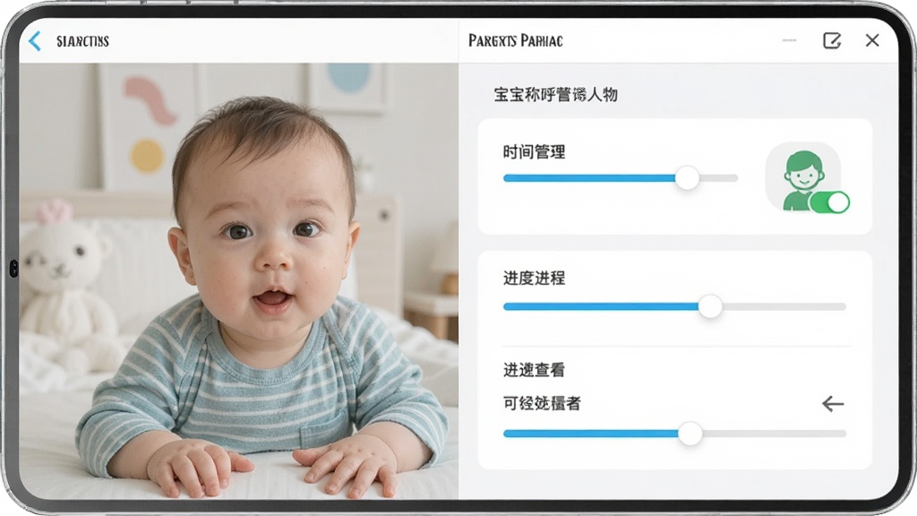 一张展示宝宝学称呼识人物软件家长控制界面的图片,画面中显示家长设置面板,包含时间管理、进度查看等选项,布局为简洁的设置界面风格,风格为现代简约风格,细节包括滑块、开关和进度条,画质清晰,干净,无多余元素。