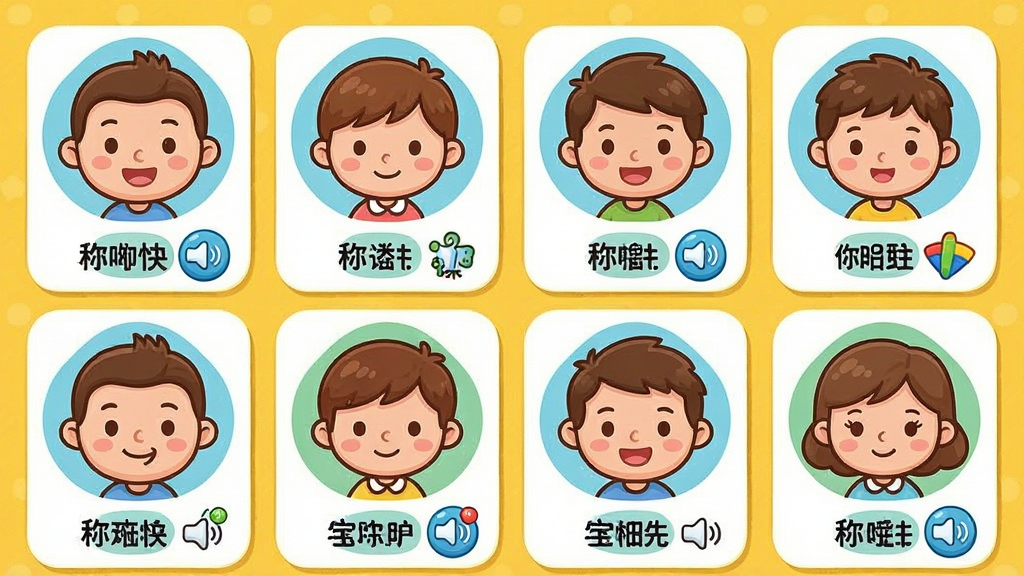 一张展示宝宝学称呼识人物软件中称呼词汇学习页面的图片,画面中显示多个卡通人物头像和对应的称呼文字,布局为网格排列,风格为儿童教育卡通风格,细节包括每个头像下方的文字标签和发音按钮,画质清晰,干净,无多余元素。