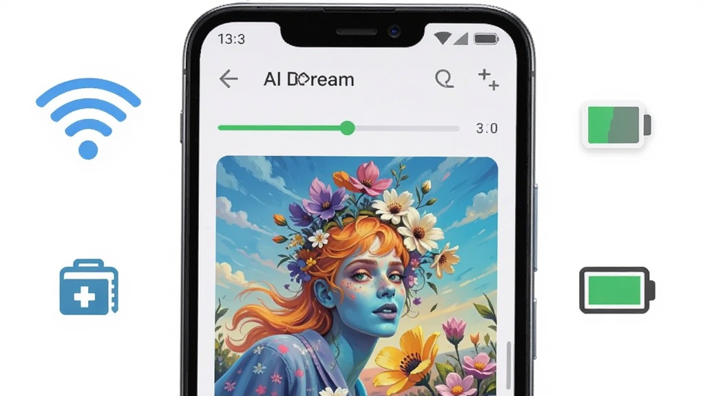 一部安卓手机展示AI Dream应用正常运行界面,屏幕显示生成进度条和已完成的精美画作,手机周围环绕着WiFi信号图标、存储空间图标和电池图标,整体风格简洁明快,色彩清新,画质干净高清