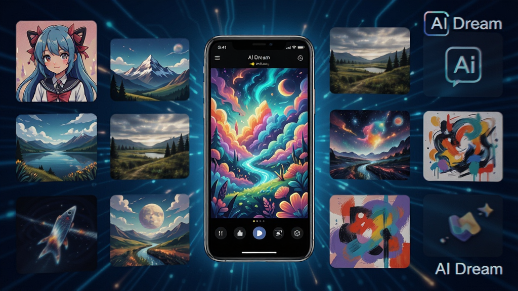 一幅展示AI Dream软件界面的概念图,画面中央是一部智能手机,屏幕上显示着色彩斑斓的AI生成画作,周围环绕着二次元插画、写实风景、抽象艺术等多种风格的缩略图,背景为深蓝色渐变科技感风格,画面干净整洁,文字标注