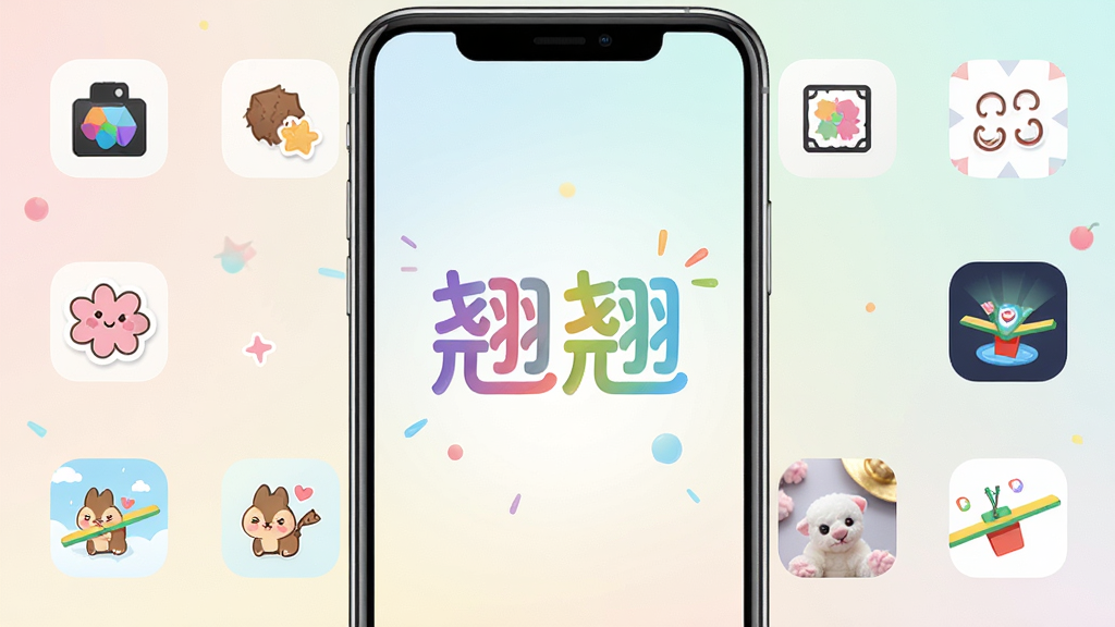 一张展示“翘翘”软件主界面的手机屏幕截图,画面中央是软件名称“翘翘”的彩色Logo,周围环绕着多种趣味图片编辑功能的图标,如滤镜、贴纸、模板、翘翘板特效等,背景为柔和的浅色渐变,整体风格清新活泼,画质清晰,干净整洁,无多余元素