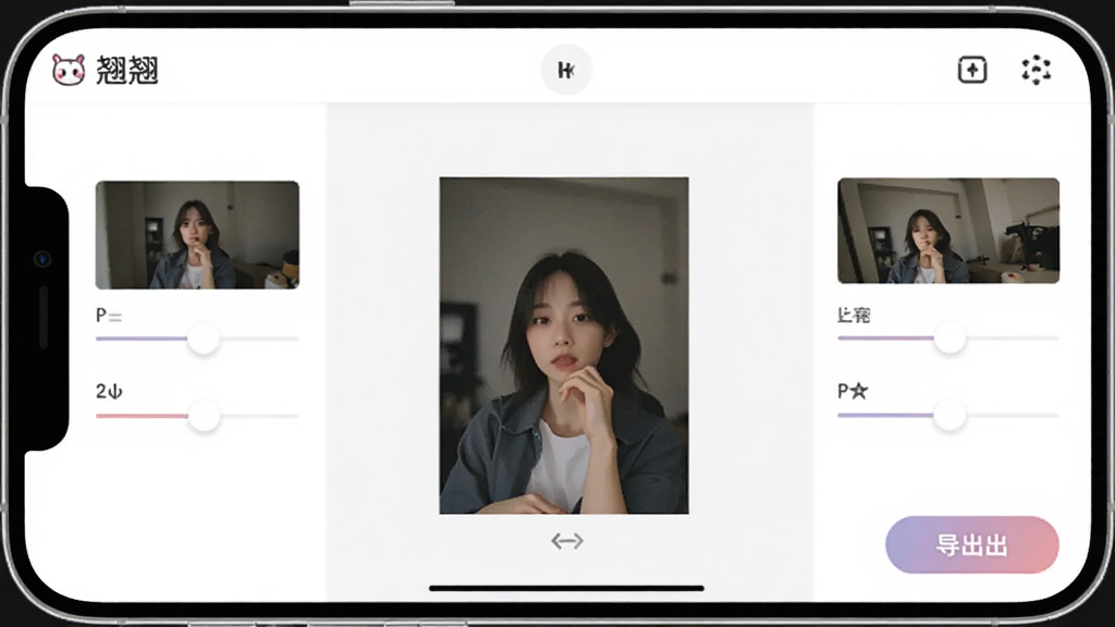 一部手机横屏显示“翘翘”软件的编辑界面,画面中央是一张正在编辑的照片,周围有实时预览的调整滑块,右下角有导出按钮,界面布局合理,色彩柔和,画质清晰,无杂乱元素