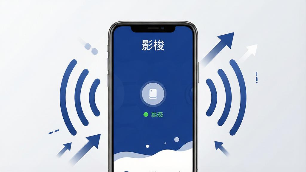 一张展示影梭软件主界面的图片,画面中央是手机屏幕,屏幕内显示影梭应用界面,界面以深蓝色和白色为主色调,顶部有