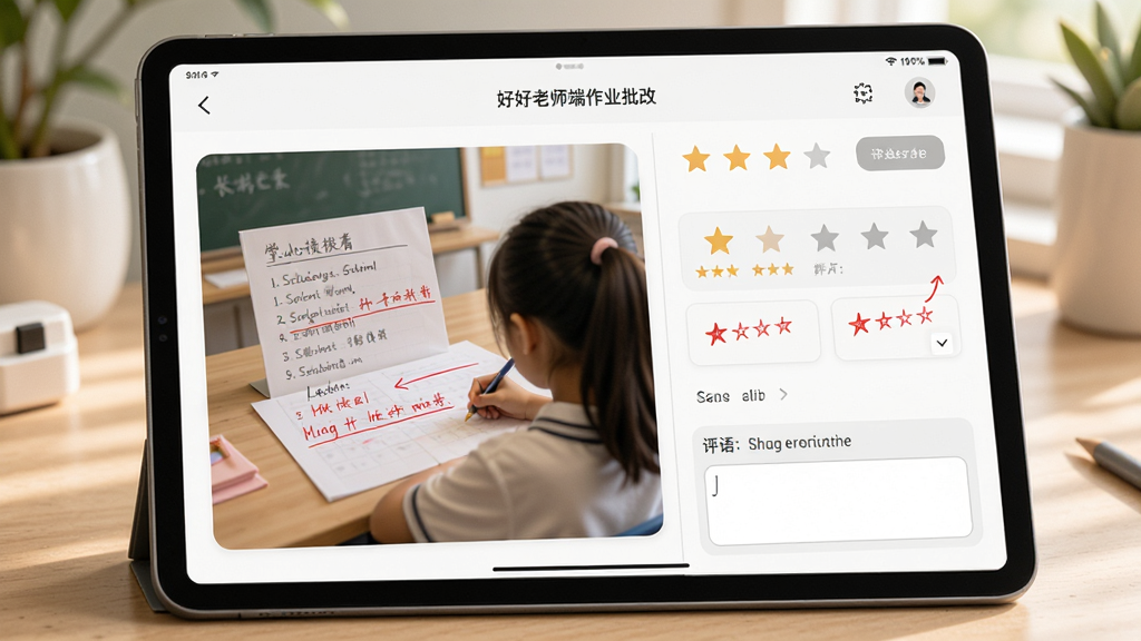 好好听课老师端作业批改页面,主体为平板电脑屏幕上显示学生提交的作业图片和批注工具栏,布局为左右分栏,排版清晰,风格为柔和护眼风,细节包含红笔批注痕迹、评分星级、评语输入框,画质高清,干净,无多余元素