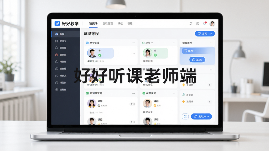 好好听课老师端软件主界面,画面中央展示软件名称“好好听课老师端”,主体为一台笔记本电脑屏幕上显示在线教学管理后台,布局为上方导航栏下方课程列表,排版整齐,风格为现代简约科技风,细节包含学生头像、课程卡片、互动按钮等元素,画质高清,干净,无多余元素