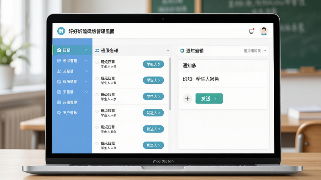 好好听课老师端班级管理界面,主体为笔记本电脑屏幕显示班级列表和通知编辑框,布局为左侧班级导航右侧通知内容,排版简洁,风格为清爽校园风,细节包含班级名称、学生人数、发送按钮,画质高清,干净,无多余元素