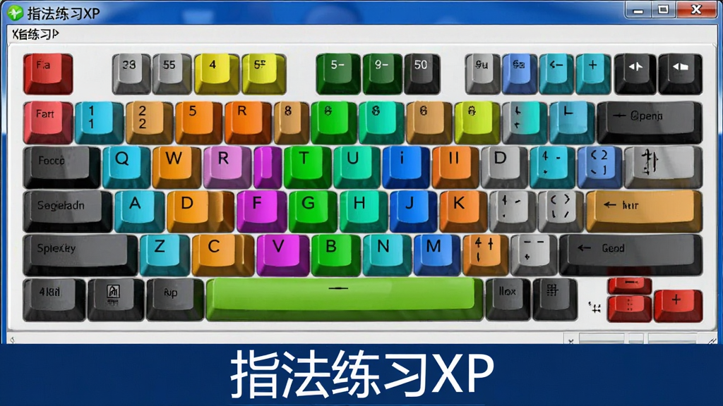 一张指法练习XP软件中键盘指法分区教学界面的图片,画面主体是电脑屏幕,屏幕上用不同颜色标注键盘各手指负责区域,屏幕下方显示“指法练习XP”软件名称,整体风格简洁教学风,画质清晰,无多余元素