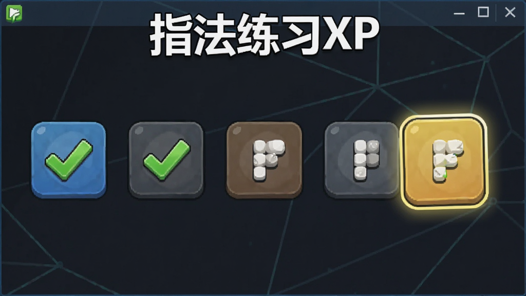 一张指法练习XP软件课程关卡选择界面的图片,画面中央显示多个练习关卡图标按顺序排列,已完成关卡打勾,当前关卡高亮,屏幕上方显示“指法练习XP”软件名称,整体风格游戏化学习界面,画质干净,无多余元素