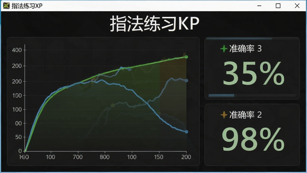一张指法练习XP软件练习结果统计界面的图片,画面中央显示速度曲线图和准确率百分比数据,屏幕上方显示“指法练习XP”软件名称,整体风格数据可视化仪表盘,画质清晰,无多余元素