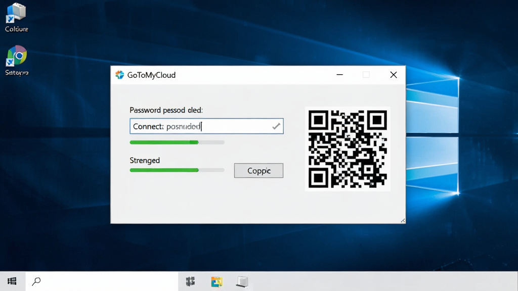 GoToMyCloud被控端使用操作界面截图,主体为一台Windows电脑桌面,屏幕上打开GoToMyCloud被控端设置窗口,窗口内显示连接密码输入框和设备ID二维码,布局为居中弹窗式排版,风格为清爽浅色系UI设计,细节包含密码强度指示条、复制按钮、二维码图案,画质为4K超高清,画面干净无多余元素