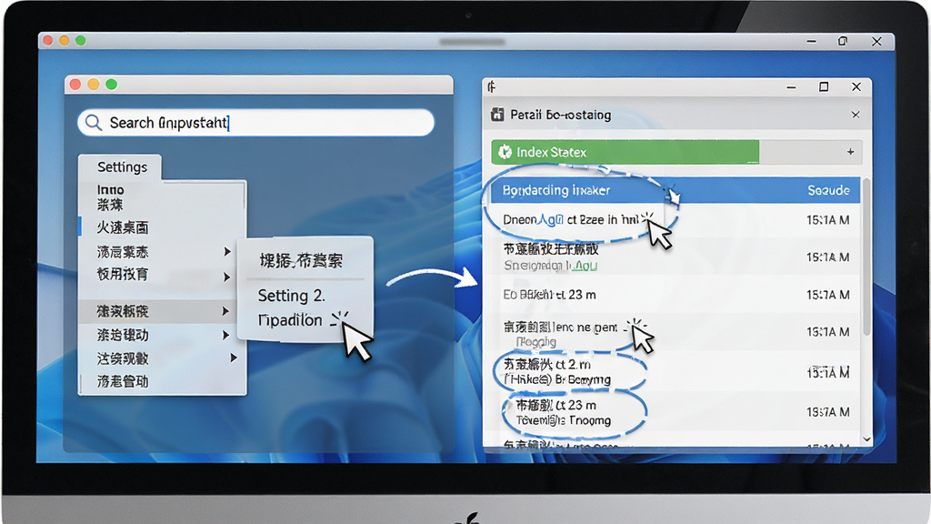 火速桌面搜索使用教程示意图,画面展示电脑屏幕上的软件操作步骤,主体为搜索框输入和结果列表,布局为分步图解,排版清晰,风格写实,细节包含鼠标点击、设置菜单、索引状态条,画质高清,干净,无多余元素