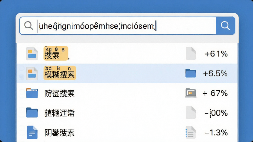 火速桌面搜索模糊搜索功能展示,画面中搜索框内输入拼音字母,下方列表显示匹配的中文文件名,主体为搜索交互界面,布局上下结构,排版清晰,风格扁平化,细节包含拼音高亮、文件图标、匹配度百分比,画质高清,干净,无多余元素