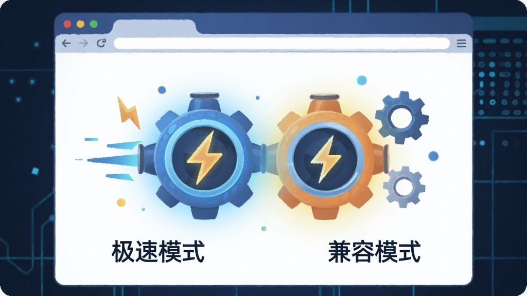一张表现Coowon浏览器双核引擎概念的数字插画,主体是两个发光的引擎图标在浏览器窗口中央相互切换,左侧标注
