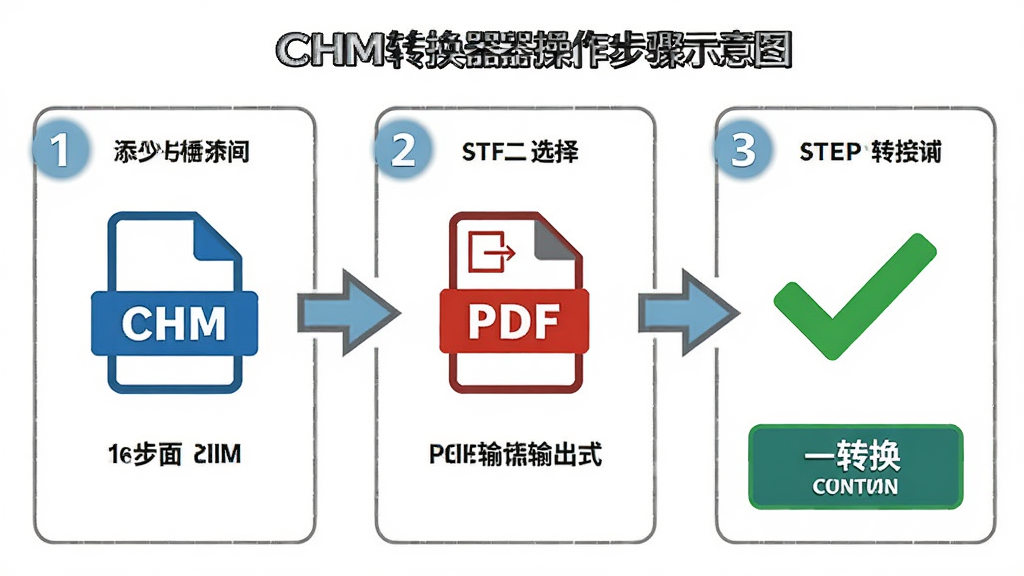 CHM转换器操作步骤示意图,画面分为三个步骤面板,第一步添加CHM文件图标,第二步选择PDF输出格式,第三步点击转换按钮显示完成对勾,背景为白色简洁风格,细节包括箭头引导和步骤编号,画质清晰,干净无多余元素