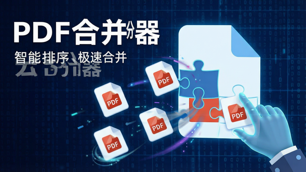 一张富有科技感的合成图像,画面主体是一双虚拟的手正在将几份散落的PDF文件图标像拼图一样组合成一个完整的大文件图标。背景是深蓝色的数据流网格,风格偏向扁平化科技感。画面左上角用白色加粗字体写着“PDF合并分割器”,下方有一行小字“智能排序 极速合并”。画面干净,重点突出文件合并的动态过程,画质高清。