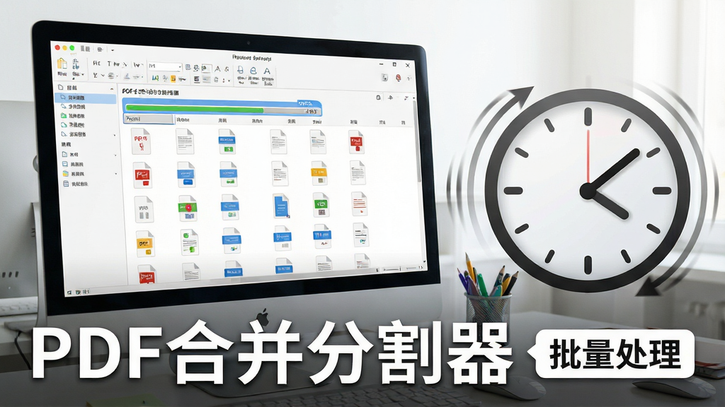 一张展示高效办公场景的图片,画面中是一个整洁的电脑桌面,屏幕上打开着PDF合并分割器软件,进度条显示正在同时处理多个文件,文件列表里排满了文档。画面右侧有一个虚拟的时钟图标,指针旋转速度很快,寓意处理速度快。屏幕下方用白色字体写着“PDF合并分割器”,旁边有“批量处理”的小标签。整体色调明亮,画质干净。