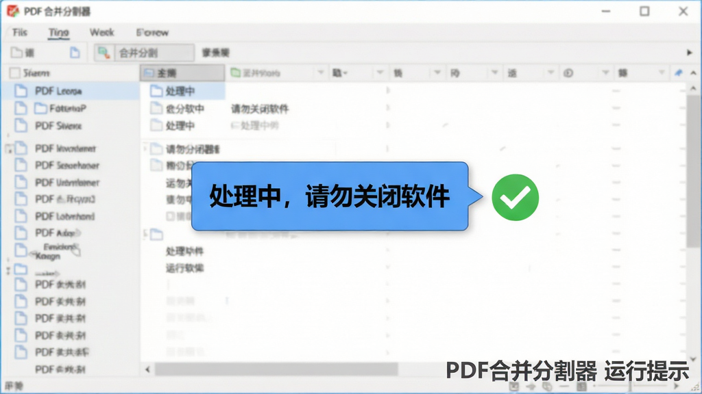 一张带有提示框的电脑屏幕截图风格图片,画面展示PDF合并分割器软件界面,界面中央弹出一个蓝色的提示气泡,气泡内用黑色字体写着“处理中,请勿关闭软件”,气泡旁边有一个绿色的对勾图标。界面背景是浅灰色的文件列表。画面右下角用深灰色小字写着“PDF合并分割器 运行提示”。整体画质清晰,排版简洁,无多余元素。
