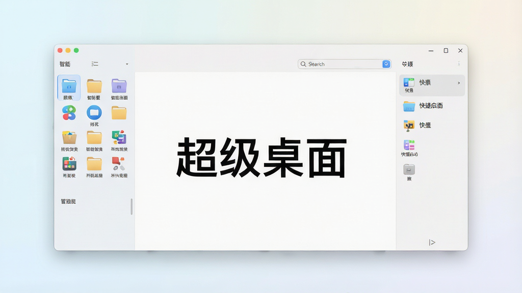一张展示超级桌面软件主界面的全景预览图,画面中央是整洁有序的桌面管理面板,左侧为智能分类图标区域,右侧为快捷启动栏,背景为浅色渐变,整体布局清晰,风格简约现代,细节包含文件收纳盒与搜索框,画质清晰干净,无多余元素,图中文字标注“超级桌面”
