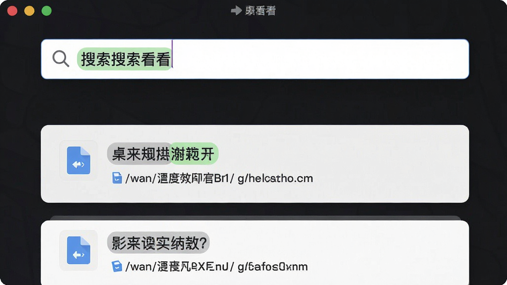 一张展示「桌面看看」搜索功能的图片,画面主体是软件搜索框与结果列表,布局为上方搜索栏、下方结果条目,风格为现代极简,细节包括搜索关键词高亮、文件图标、路径信息,画质为高清,干净无多余元素