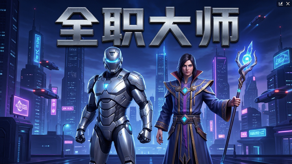 全职大师游戏主界面全景展示,画面中央是两位风格迥异的职业角色并肩站立,左侧为身穿银色机甲的未来战士,右侧为手持能量法杖的科技法师,背景是充满霓虹灯光的科幻都市夜景,画面顶部用醒目的金属质感字体写着