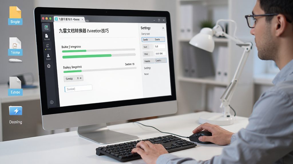 一张展示九雷文档转换器使用技巧的场景图,主体为电脑屏幕前用户正在操作软件,屏幕上显示批量文件转换进度条与设置选项,布局采用侧面视角,风格为写实办公风,细节包含鼠标、键盘、桌面文件图标,画质高清,干净无多余元素。